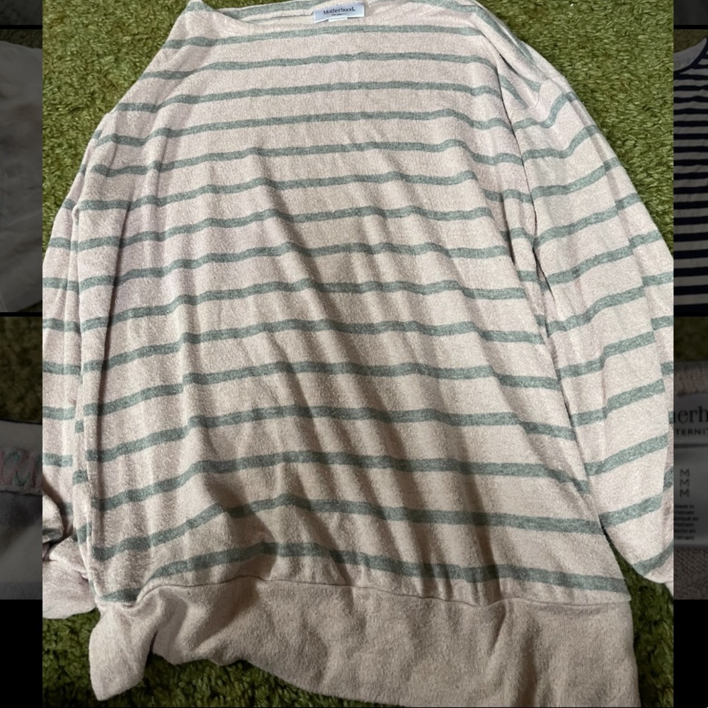 Light pink and gray striped maternity shirt